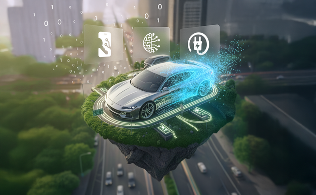 Visualisierung eines digital vernetzten Fahrzeugs über einer Stadt mit Icons für Elektromobilität, Digital Key und Connected Services – Symbolbild für die Digitalisierung der Mobilitätsbranche. – KI-generiertes Bild