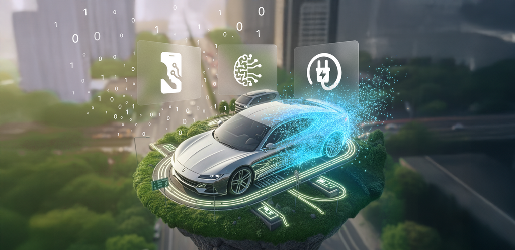 Visualization of a digitally connected vehicle above a city with icons for electromobility, digital key, and connected services – symbolic image of the digital transformation in the mobility industry.