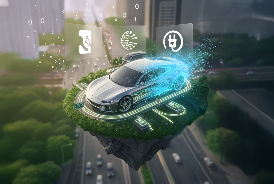 Visualisierung eines digital vernetzten Fahrzeugs über einer Stadt mit Icons für Elektromobilität, Digital Key und Connected Services – Symbolbild für die Digitalisierung der Mobilitätsbranche. – KI-generiertes Bild