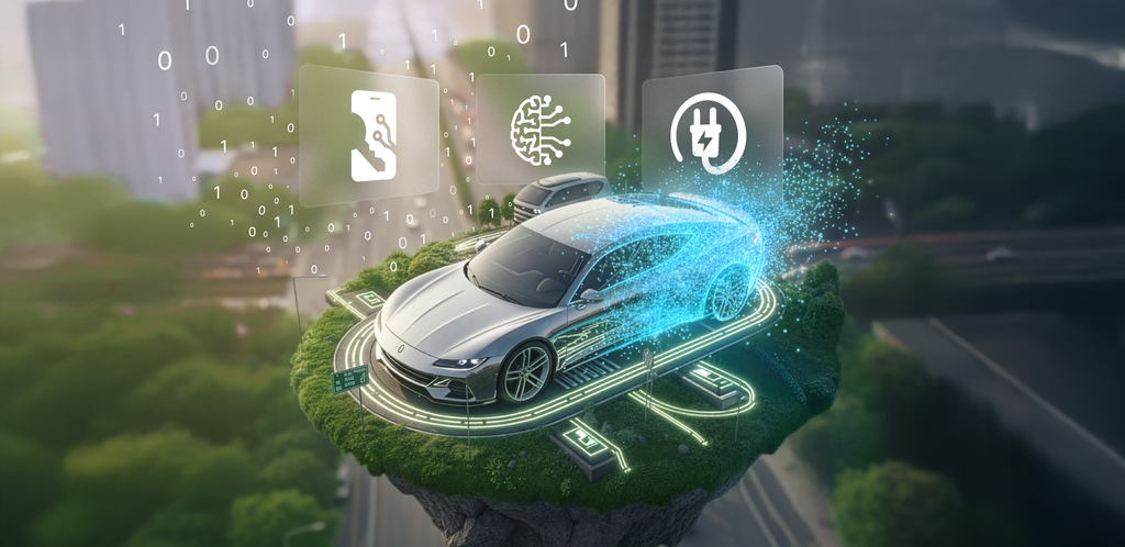 Visualization of a digitally connected vehicle above a city with icons for electromobility, digital key, and connected services – symbolic image of the digital transformation in the mobility industry. – AI-generated image