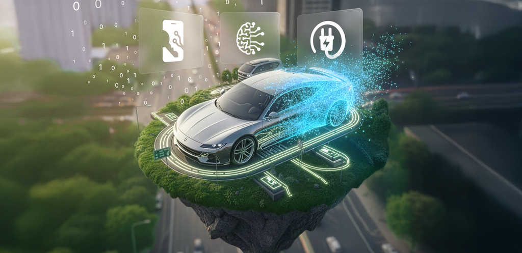Visualisierung eines digital vernetzten Fahrzeugs über einer Stadt mit Icons für Elektromobilität, Digital Key und Connected Services – Symbolbild für die Digitalisierung der Mobilitätsbranche. – KI-generiertes Bild
