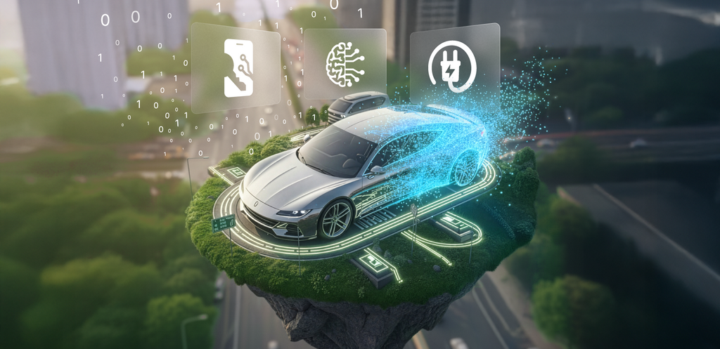 Visualisierung eines digital vernetzten Fahrzeugs über einer Stadt mit Icons für Elektromobilität, Digital Key und Connected Services – Symbolbild für die Digitalisierung der Mobilitätsbranche.