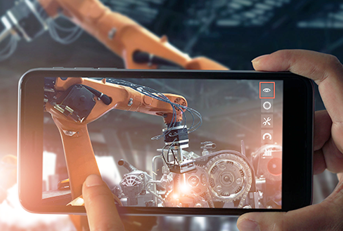 Smartphone filmt automatisierte KI-basierte Maschinen