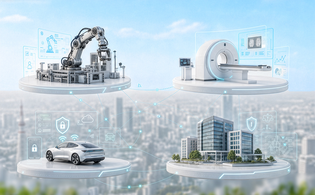 Ein Windrad, ein weißes Elektroauto, ein gelber Roboterarm, ein digitales Dashboard mit Diagramm, ein medizinisches Überwachungsgerät und ein futuristischer blauer Lkw. Umgeben sind die Objekte von binären Zahlen (0 und 1), die auf Digitalisierung und Datenverarbeitung hinweisen.