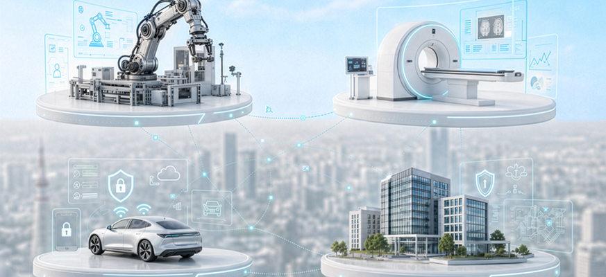 Ein Windrad, ein weißes Elektroauto, ein gelber Roboterarm, ein digitales Dashboard mit Diagramm, ein medizinisches Überwachungsgerät und ein futuristischer blauer Lkw. Umgeben sind die Objekte von binären Zahlen, die auf Digitalisierung und Datenverarbeitung hinweisen. – KI-generiertes Bild