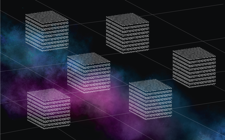  Blocks consisting of 0 and 1, connected by grid lines, floating through the universe