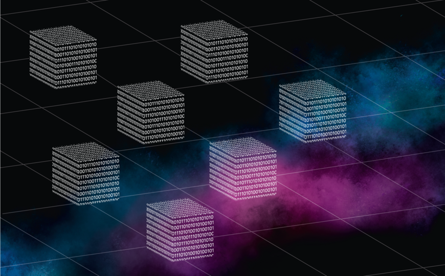 Blöcke bestehend aus 0 und 1, Verbunden durch Gitternetzlinien, schwebend durch das Universum