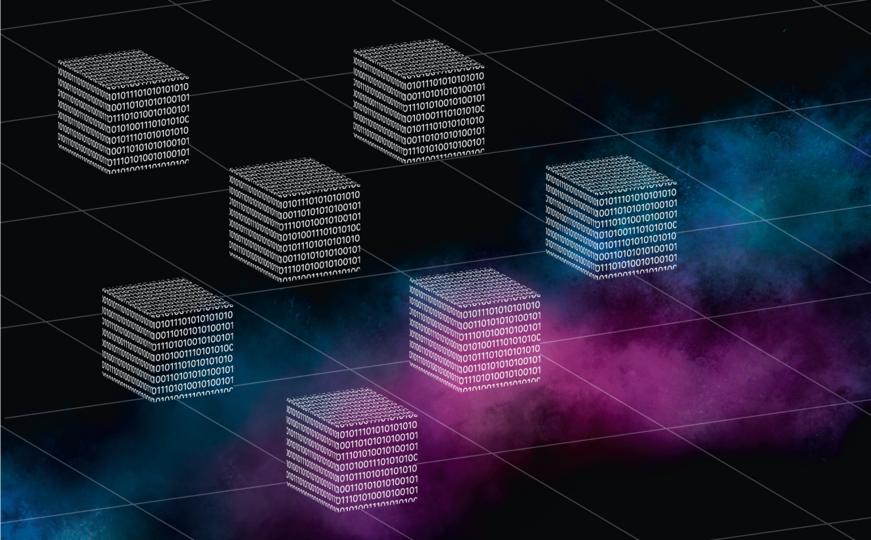  Blocks consisting of 0 and 1, connected by grid lines, floating through the universe
