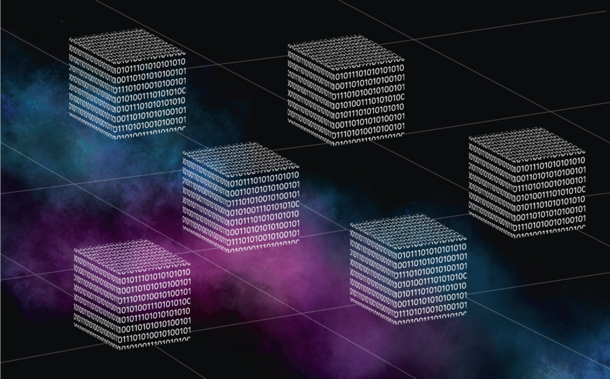 Blöcke bestehend aus 0 und 1, Verbunden durch Gitternetzlinien, schwebend durch das Universum