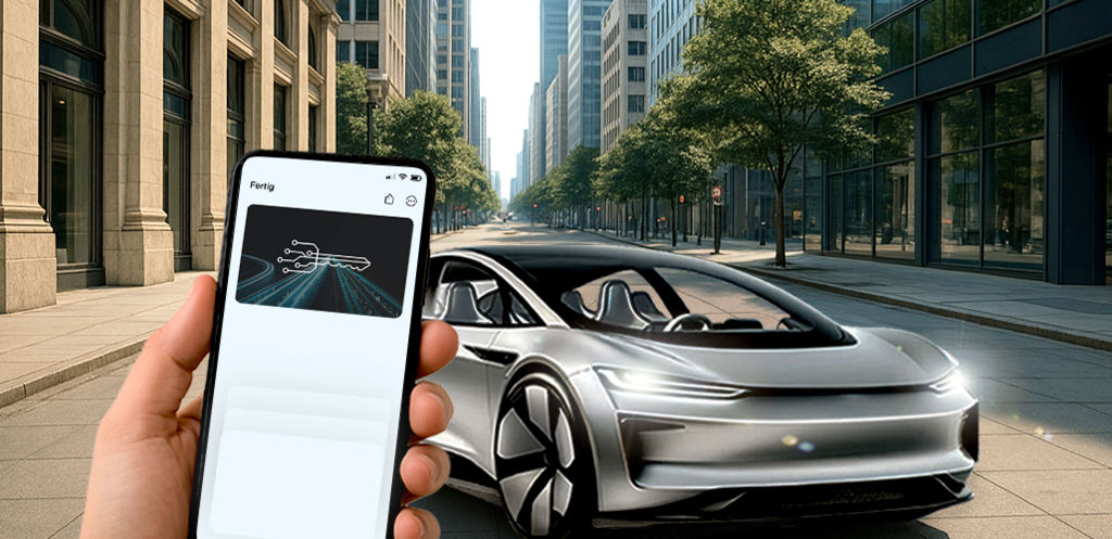 Illustrative graphic showing how to use a digital key with a smartphone and a car – AI-generated image