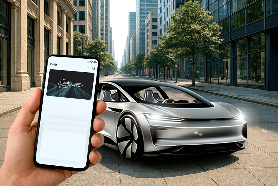 Illustrative graphic showing how to use a digital key with a smartphone and a car – AI-generated image
