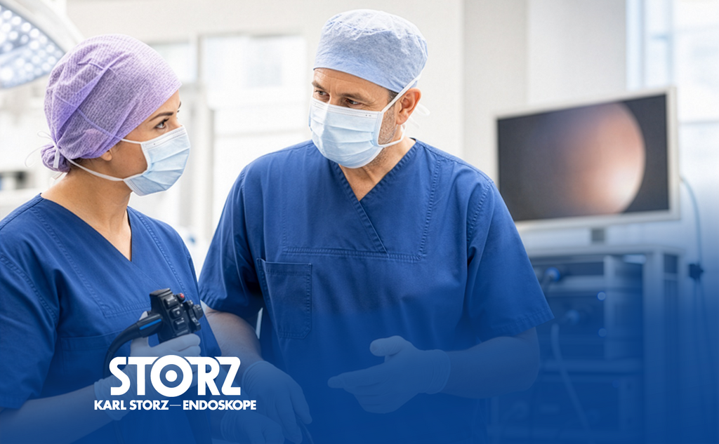 Medical staff discuss a Storz endoscopy solution in an operating room setting.