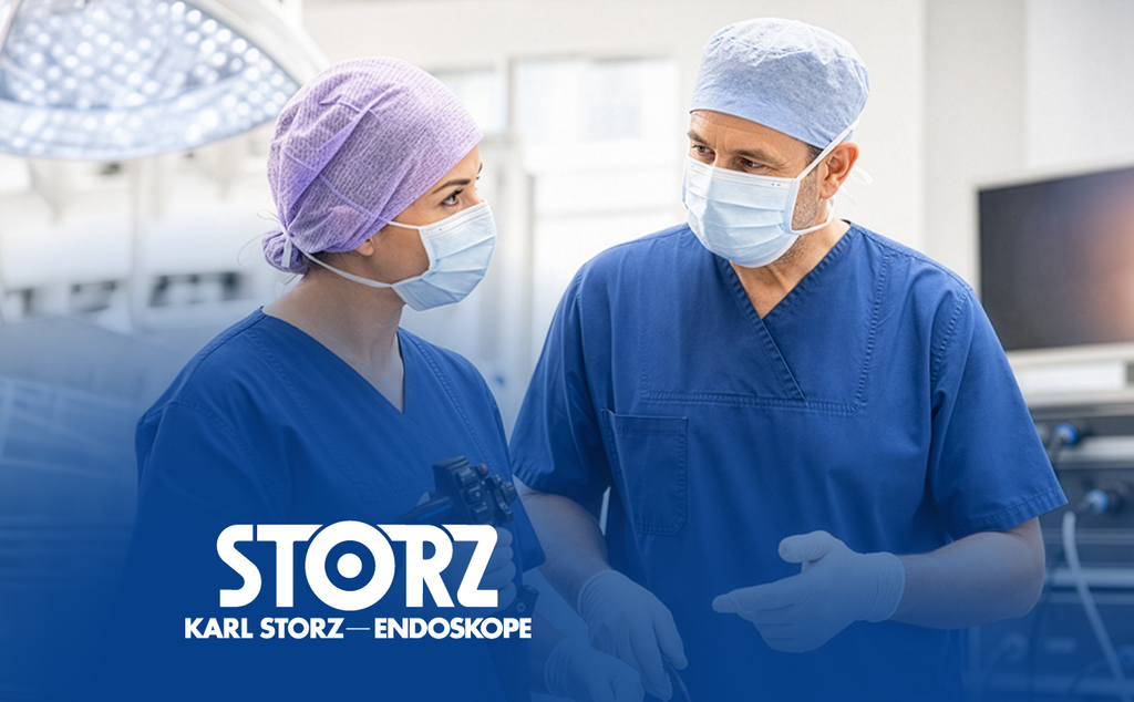 Medical staff discuss a Storz endoscopy solution in an operating room setting. – AI-generated image