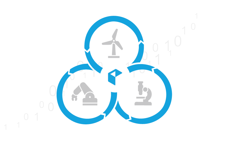 Key Visual des Update Mangers. Es zeigt Icons für Industrie, Energiegewinnung und Health Care umgeben von kreisförmig angeordneten Pfeilen. In der Mitte ist ein kleines Paket für die Update Pakete