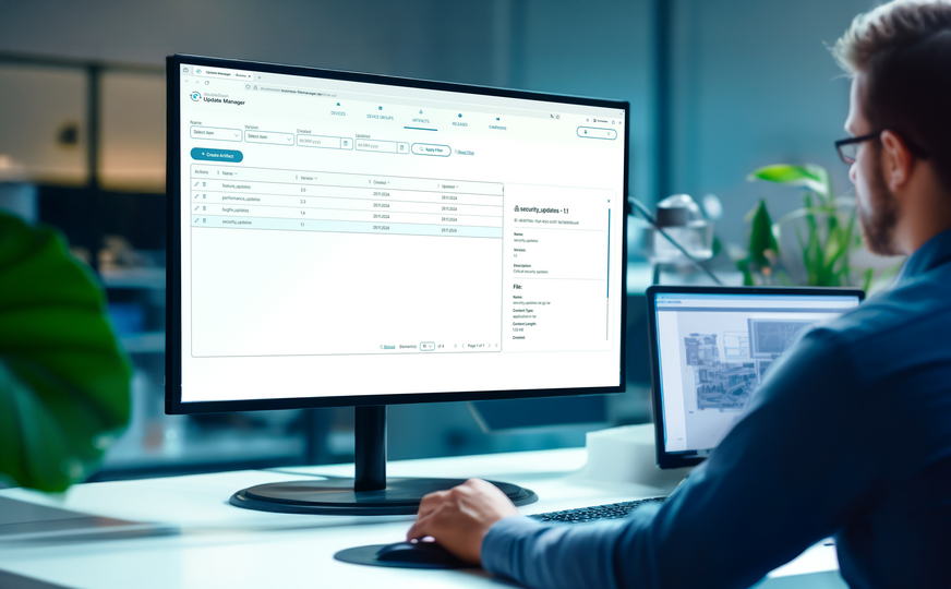 Person working at a desktop computer with a large monitor showing an update management interface.