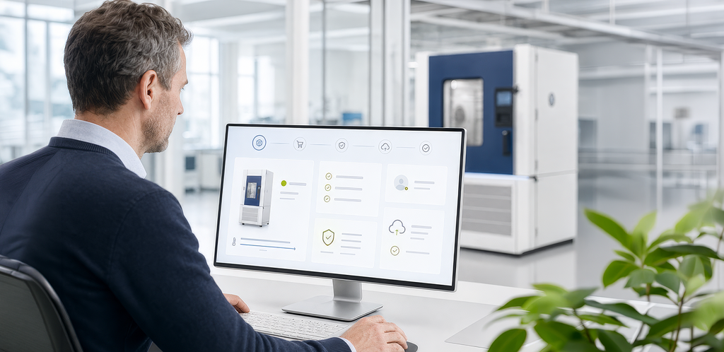 Mann vor Monitor mit Referenz-Keyvisual im Maschinen- und Anlagenbau; im Hintergrund steht eine weiss technik-Anlage in heller Fertigungsumgebung. – KI-generiertes Bild