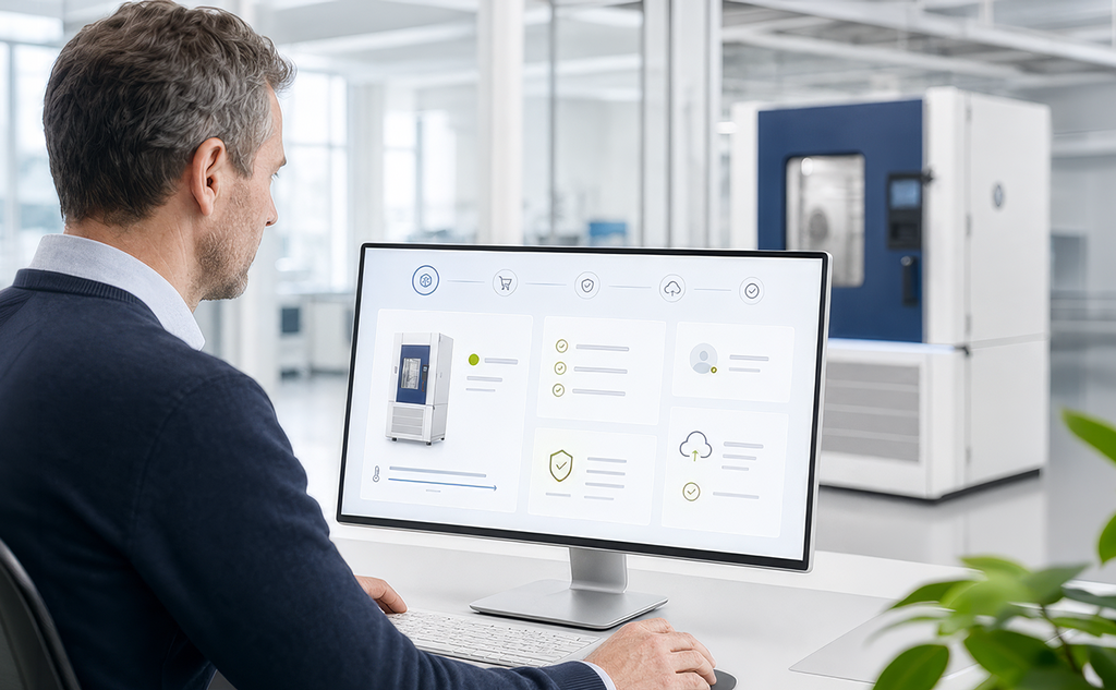 A man sits in front of a monitor displaying a key visual for the mechanical and plant engineering industry; in the background is a white industrial system in a bright manufacturing environment. – AI-generated image