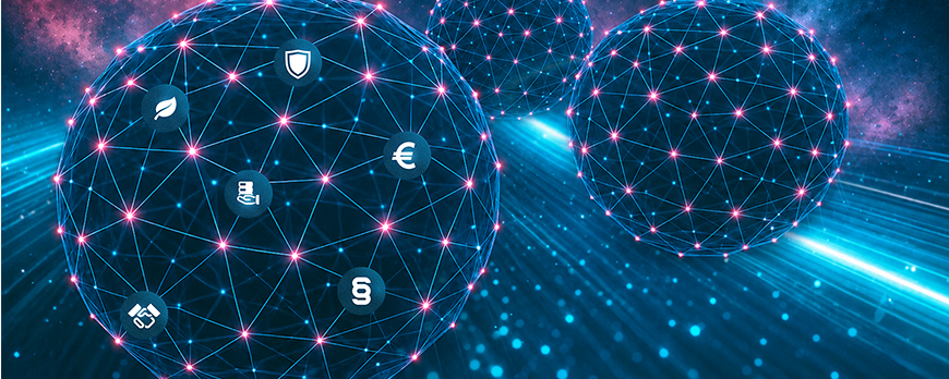 Connected Dataspaces: Abstrakte Darstellung eines Datenraums mit vernetzten Datenpunkten in Wolkenform.