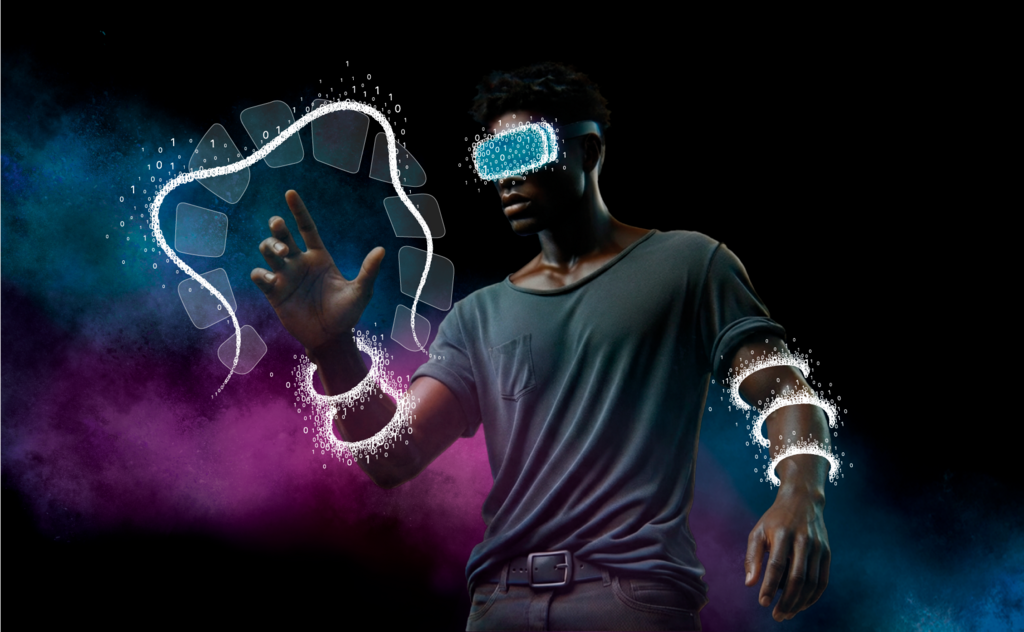 User Interfaces die um die arme eines jungen Mannes herum schweben. Er bedient eins dieser Interfaces.m 