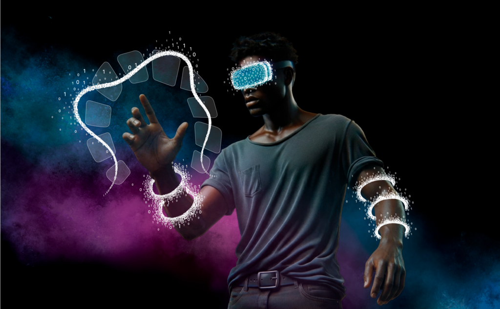 User Interfaces die um die arme eines jungen Mannes herum schweben. Er bedient eins dieser Interfaces.m 