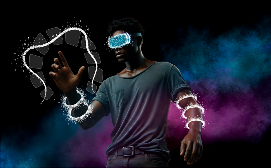 Person looking at a virtual user interface surrounded by 0 and 1