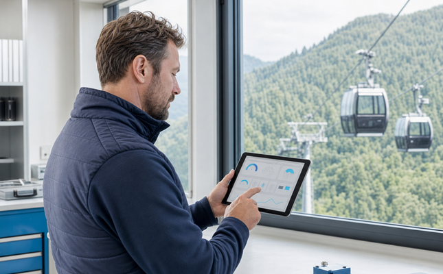 A person uses a condition-based monitoring solution for cable cars. – AI-generated image