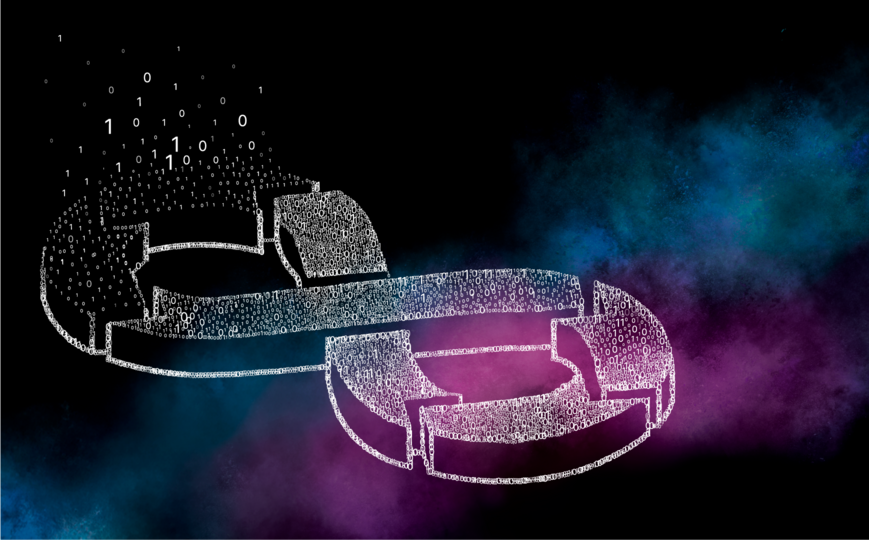 Unendlichkeits-Zeichen aus Pfeilen mit 0 und 1, schwebend im Universum