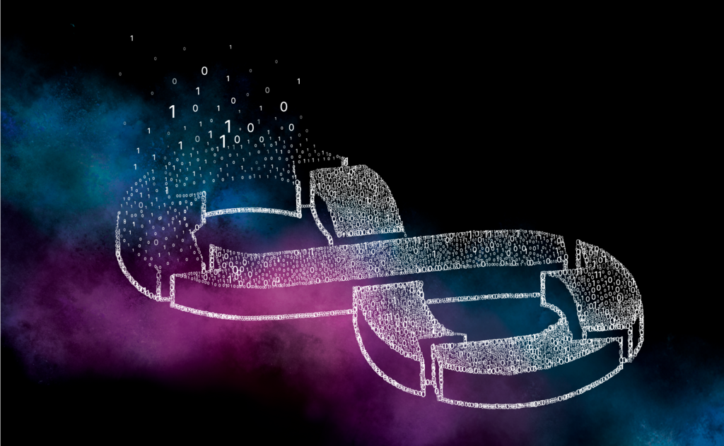 Unendlichkeitszeichen aus Binärcode vor dunklem Hintergrund – Symbol für den kontinuierlichen DevOps-Prozess.