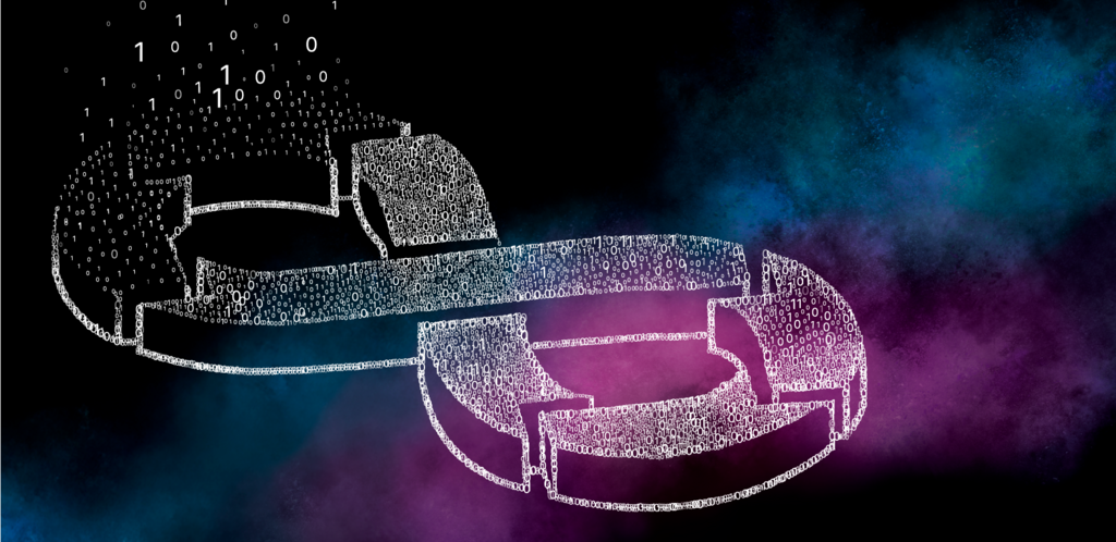 Unendlichkeitszeichen aus Binärcode vor dunklem Hintergrund – Symbol für den kontinuierlichen DevOps-Prozess.