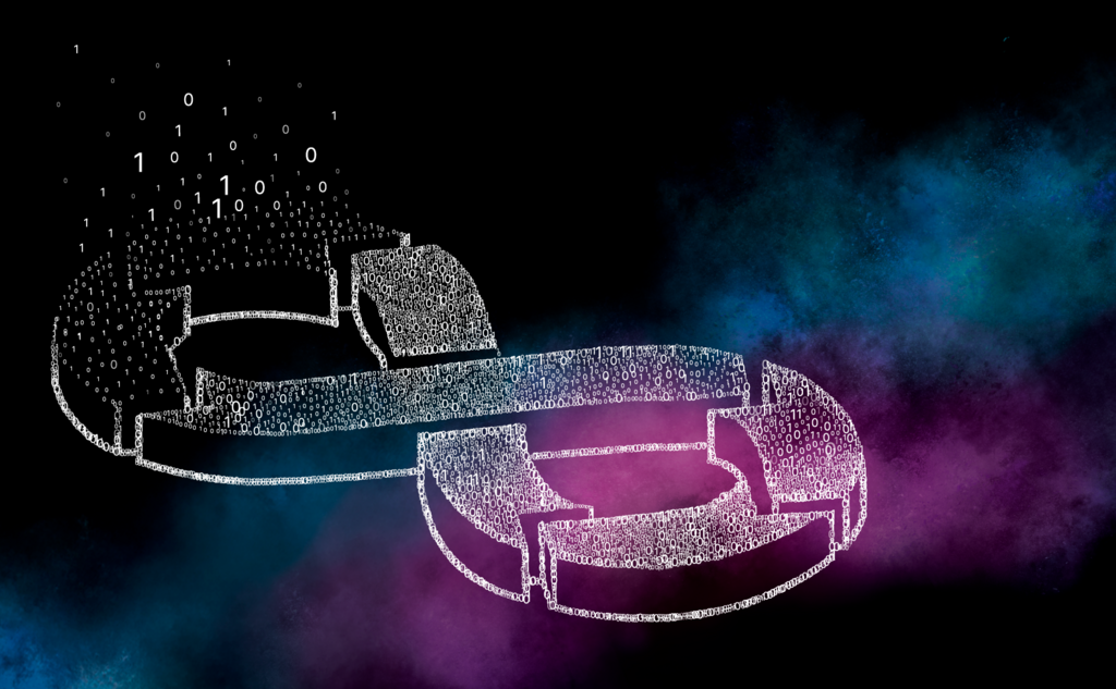 Unendlichkeitszeichen aus Binärcode vor dunklem Hintergrund – Symbol für den kontinuierlichen DevOps-Prozess.