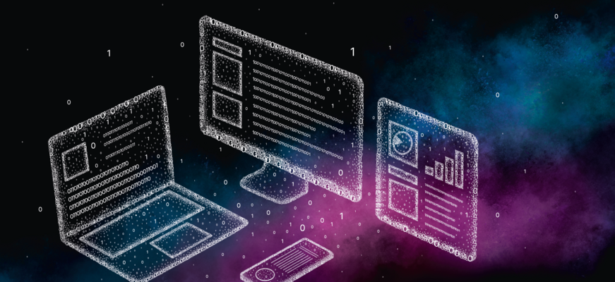 Person, die ein virtuelles User Interface bedient und von 0 und 1 umgeben ist.