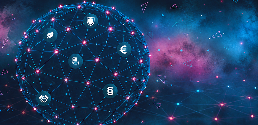 Connected Dataspaces: Abstract network of connected nodes and lines on a dark background.