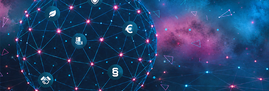 Connected Dataspaces: Abstract network of connected nodes and lines on a dark background.