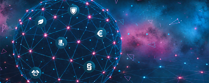 Connected Dataspaces: Abstraktes Netzwerk aus verbundenen Punkten und Linien auf dunklem Hintergrund.