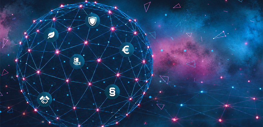 Connected Dataspaces: Abstraktes Netzwerk aus verbundenen Punkten und Linien auf dunklem Hintergrund.