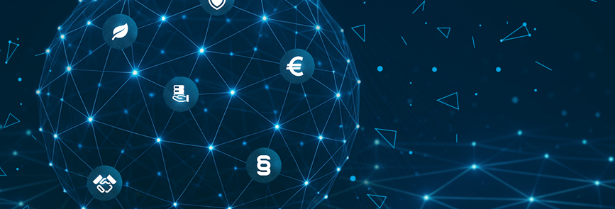 Connected Dataspaces: Abstraktes Netzwerk aus verbundenen Punkten und Linien auf dunklem Hintergrund.