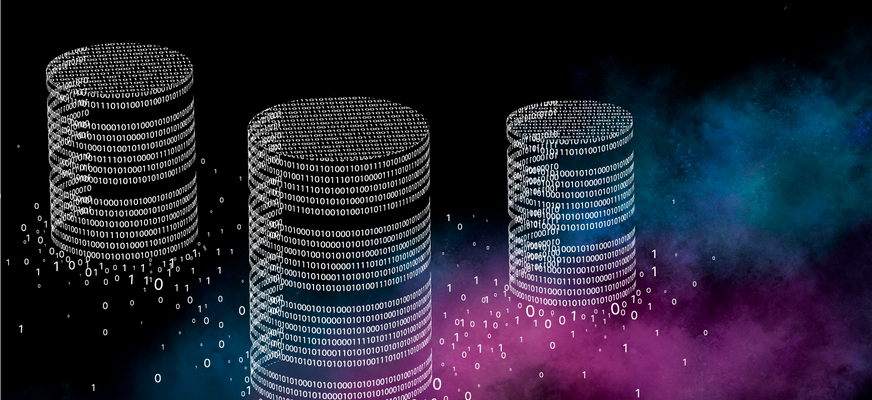Datenbanken bestehend aus 0 und 1, schwebend im Universum