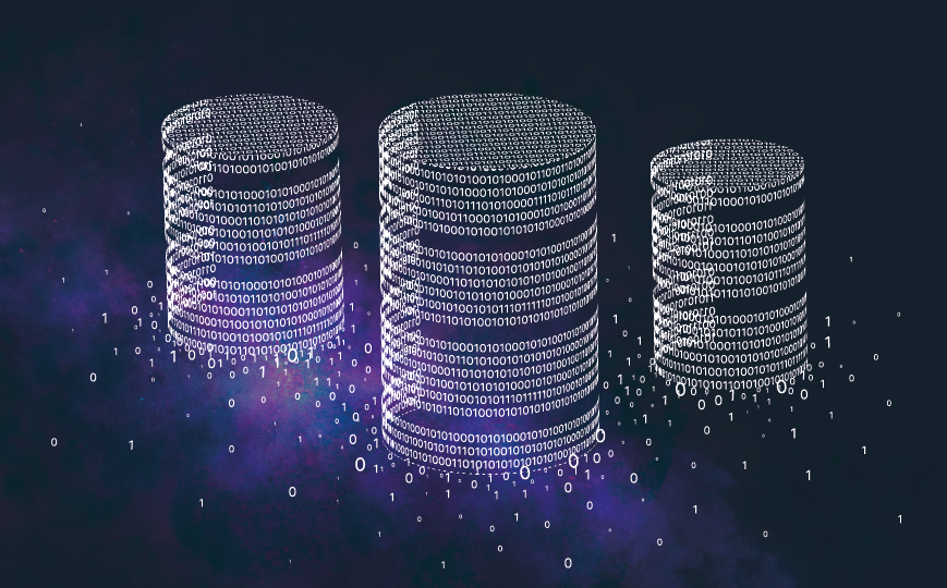 Datenbanken bestehend aus 0 und 1, schwebend im Universum