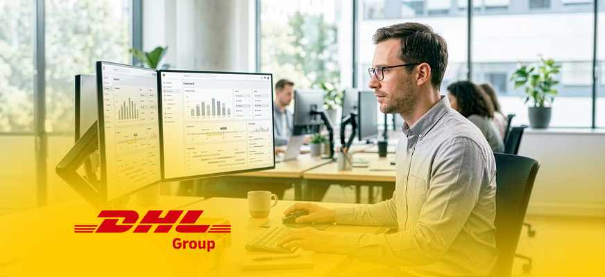 Person analysiert Dashboard auf mehreren Bildschirmen im Büro. DHL-Logo unten. – KI-generiertes Bild