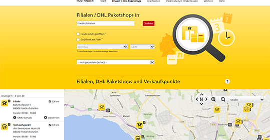doubleSlash Referenzen, Deutsche Post, Postfinder Ergebnis nach PLZ-Eingabe