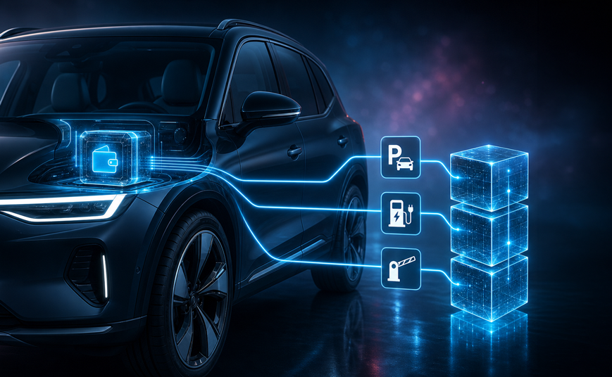 Connected vehicle with blockchain-based payments for digital mobility services. – AI-generated image