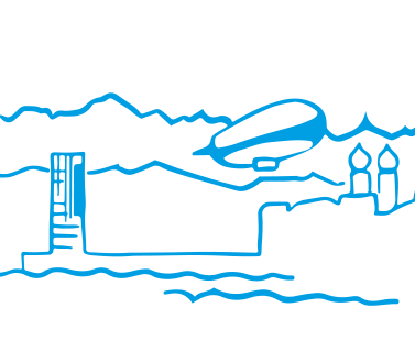 Illustrierte Grafik welche die Skyline von Friedrichshafen mit Zeppelin und Hafen zeigt