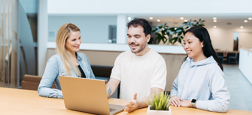 Drei Personen sitzen gemeinsam an einem Tisch und besprechen Inhalte an einem Laptop in heller Büroumgebung.