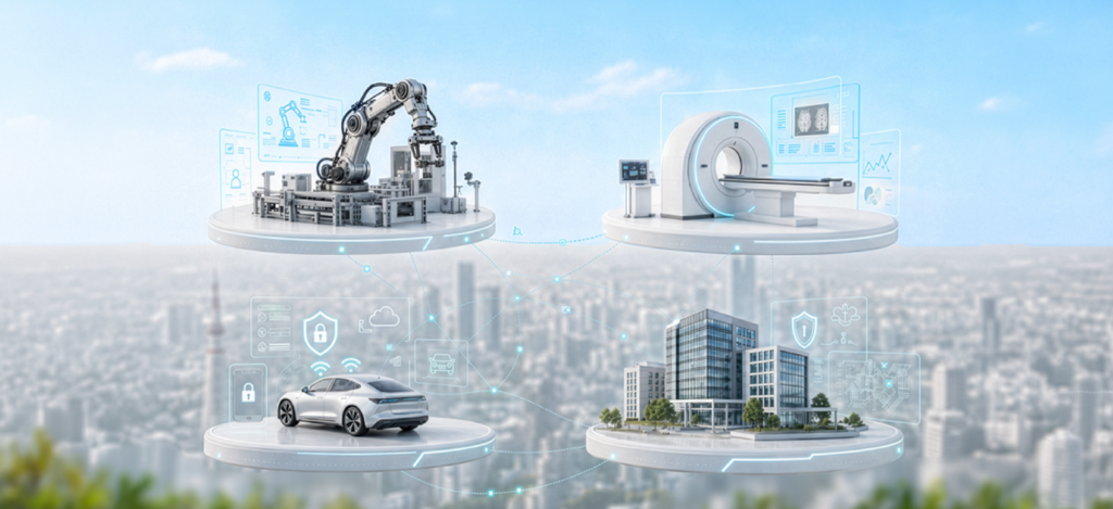 Darstellung verschiedener Branchen in Form von Kran, Windrad, Medizinischem Gerät, Auto und LKW. Gepaart mit einem Dashboard und vielen kleinen 0 und 1. – KI-generiertes Bild