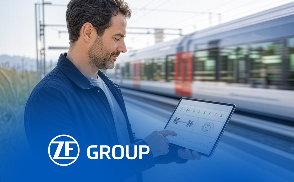 Person schaut auf ein Tablet vor einem vorbeifahrenden Zug. – KI-generiertes Bild