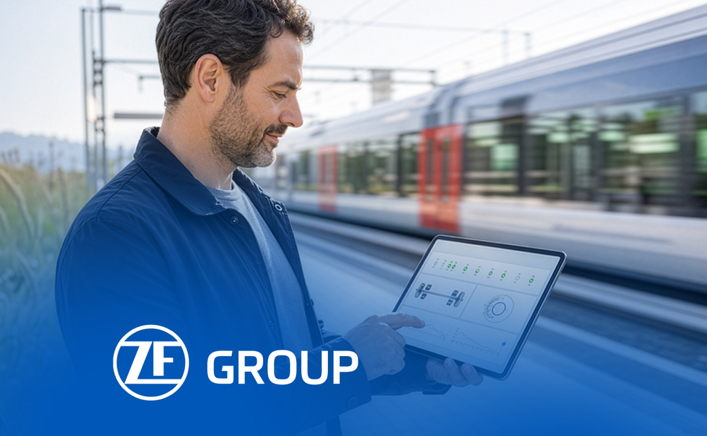 Person schaut auf ein Tablet vor einem vorbeifahrenden Zug. – KI-generiertes Bild