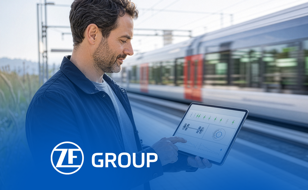 A person looks at a tablet in front of a passing train. – AI-generated image