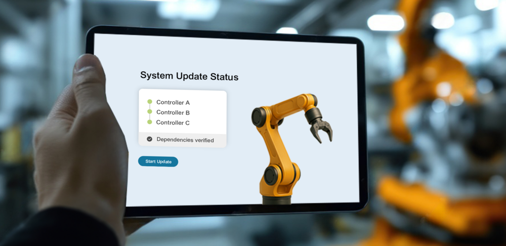 Person hält ein Tablet mit Update-Status vor einen Industrieroboter. – KI-generiertes Bild