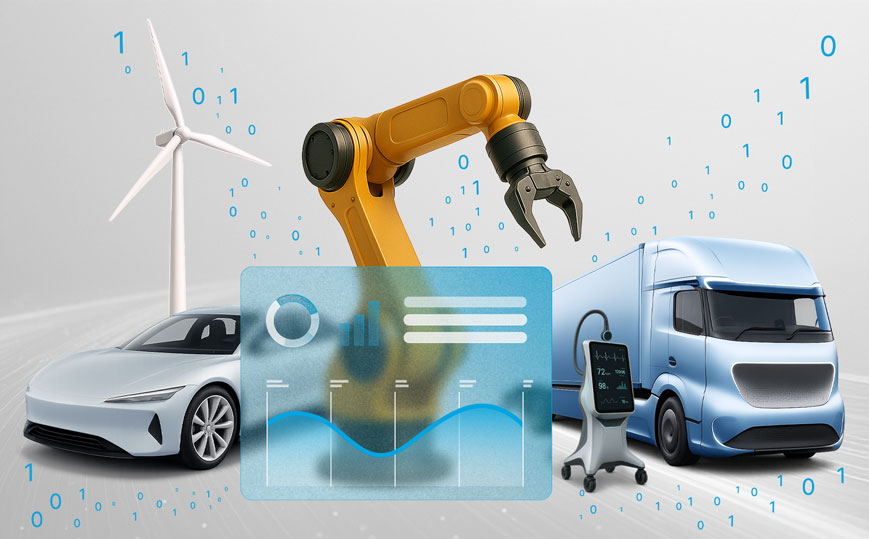 Industries doubleSlash Ein Windrad, ein weißes Elektroauto, ein gelber Roboterarm, ein digitales Dashboard mit Diagramm, ein medizinisches Überwachungsgerät und ein futuristischer blauer Lkw. Umgeben sind die Objekte von binären Zahlen (0 und 1), die auf Digitalisierung und Datenverarbeitung hinweisen.