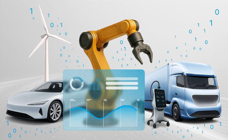 Ein Windrad, ein weißes Elektroauto, ein gelber Roboterarm, ein digitales Dashboard mit Diagramm, ein medizinisches Überwachungsgerät und ein futuristischer blauer Lkw. Umgeben sind die Objekte von binären Zahlen (0 und 1), die auf Digitalisierung und Datenverarbeitung hinweisen.